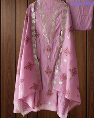 Mul Cotton Block Print Pita Embroidered Unstitched Suit with Scalloped Dupatta | Festive & Party Wear