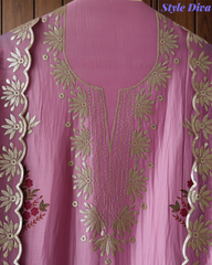 Mul Cotton Block Print Pita Embroidered Unstitched Suit with Scalloped Dupatta | Festive & Party Wear