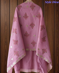 Mul Cotton Block Print Pita Embroidered Unstitched Suit with Scalloped Dupatta | Festive & Party Wear