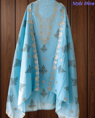 Mul Cotton Block Print Pita Embroidered Unstitched Suit with Scalloped Dupatta | Festive & Party Wear