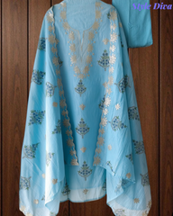 Mul Cotton Block Print Pita Embroidered Unstitched Suit with Scalloped Dupatta | Festive & Party Wear