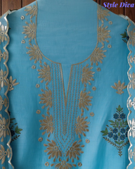 Mul Cotton Block Print Pita Embroidered Unstitched Suit with Scalloped Dupatta | Festive & Party Wear