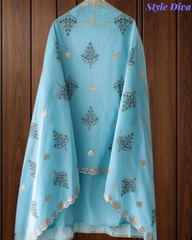 Mul Cotton Block Print Pita Embroidered Unstitched Suit with Scalloped Dupatta | Festive & Party Wear