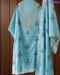 Mul Cotton Block Print Pita Embroidered Unstitched Suit with Scalloped Dupatta | Festive & Party Wear