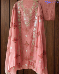 Mul Cotton Block Print Pita Embroidered Unstitched Suit with Scalloped Dupatta | Festive & Party Wear