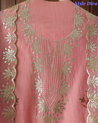 Mul Cotton Block Print Pita Embroidered Unstitched Suit with Scalloped Dupatta | Festive & Party Wear