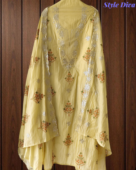 Mul Cotton Block Print Pita Embroidered Unstitched Suit with Scalloped Dupatta | Festive & Party Wear