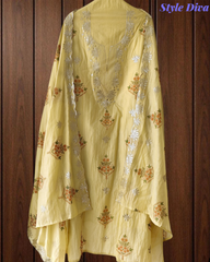 Mul Cotton Block Print Pita Embroidered Unstitched Suit with Scalloped Dupatta | Festive & Party Wear