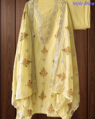 Mul Cotton Block Print Pita Embroidered Unstitched Suit with Scalloped Dupatta | Festive & Party Wear