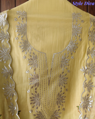 Mul Cotton Block Print Pita Embroidered Unstitched Suit with Scalloped Dupatta | Festive & Party Wear