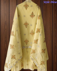 Mul Cotton Block Print Pita Embroidered Unstitched Suit with Scalloped Dupatta | Festive & Party Wear