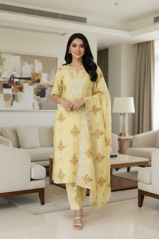 Mul Cotton Block Print Pita Embroidered Unstitched Suit with Scalloped Dupatta | Festive & Party Wear