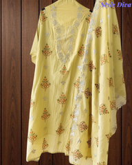Mul Cotton Block Print Pita Embroidered Unstitched Suit with Scalloped Dupatta | Festive & Party Wear