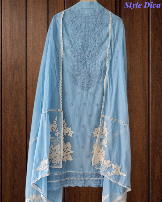 Mul Cotton Dual Embroidered Unstitched Suit with Crochet Lace Dupatta | Festive & Party Wear