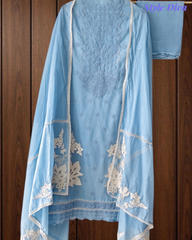 Mul Cotton Block Print Pita Embroidered Unstitched Suit with Scalloped Dupatta(3 Pc Set)