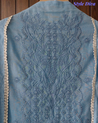 Mul Cotton Block Print Pita Embroidered Unstitched Suit with Scalloped Dupatta(3 Pc Set)
