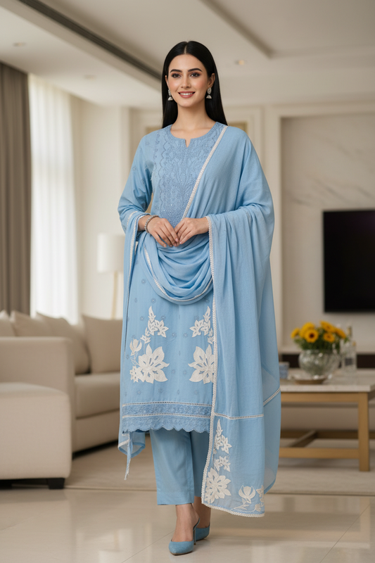 Mul Cotton Dual Embroidered Unstitched Suit with Crochet Lace Dupatta | Festive & Party Wear
