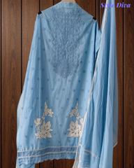 Mul Cotton Block Print Pita Embroidered Unstitched Suit with Scalloped Dupatta(3 Pc Set)