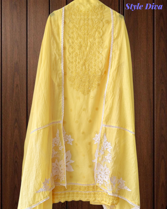Mul Cotton Dual Embroidered Unstitched Suit with Crochet Lace Dupatta | Festive & Party Wear