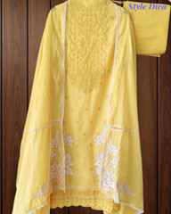 Mul Cotton Block Print Pita Embroidered Unstitched Suit with Scalloped Dupatta(3 Pc Set)