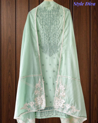 Mul Cotton Block Print Pita Embroidered Unstitched Suit with Scalloped Dupatta(3 Pc Set)