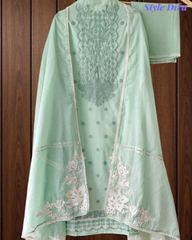 Mul Cotton Block Print Pita Embroidered Unstitched Suit with Scalloped Dupatta(3 Pc Set)