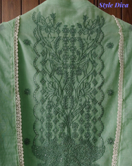 Mul Cotton Block Print Pita Embroidered Unstitched Suit with Scalloped Dupatta(3 Pc Set)