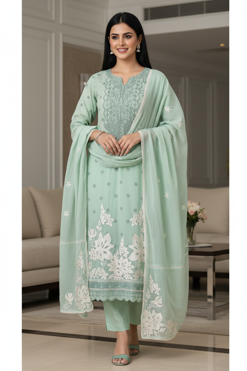 Mul Cotton Block Print Pita Embroidered Unstitched Suit with Scalloped Dupatta(3 Pc Set)