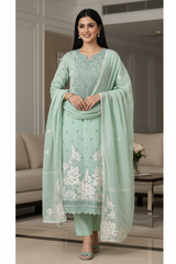 Mul Cotton Block Print Pita Embroidered Unstitched Suit with Scalloped Dupatta(3 Pc Set)