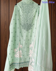 Mul Cotton Block Print Pita Embroidered Unstitched Suit with Scalloped Dupatta(3 Pc Set)