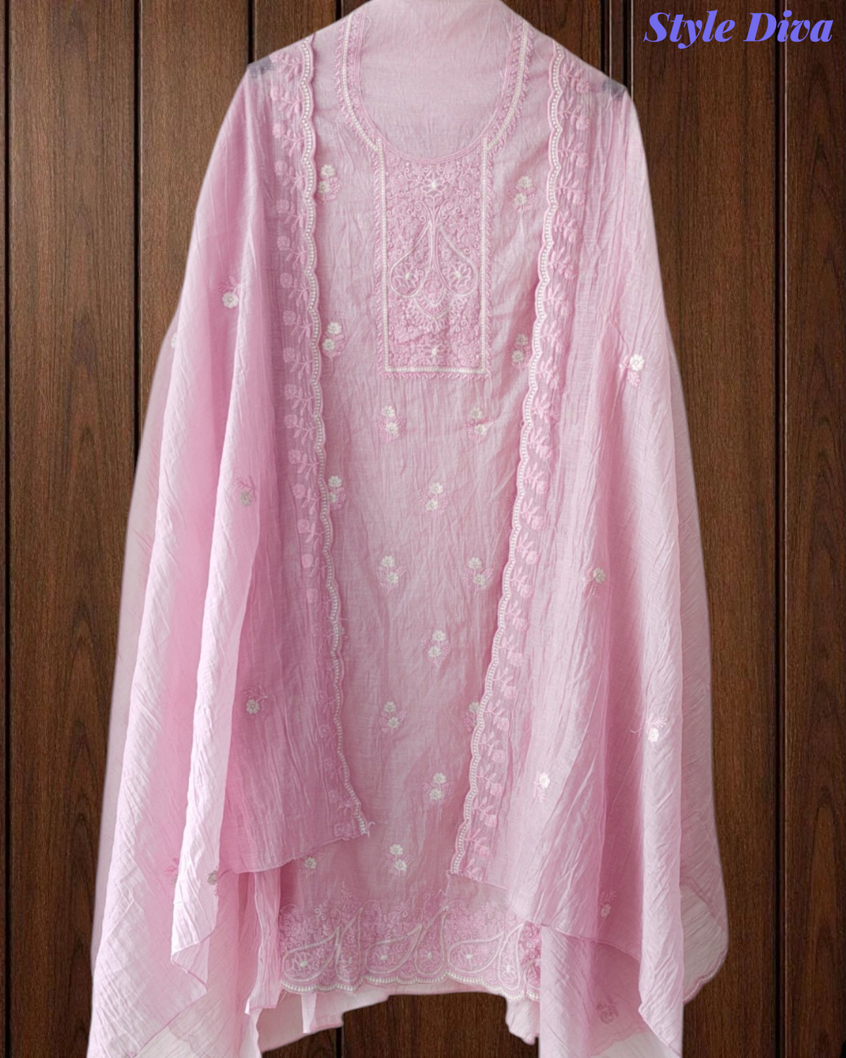 Mul Cotton Lucknowi Embroidered Unstitched Suit with Scalloped Dupatta | Festive Wear