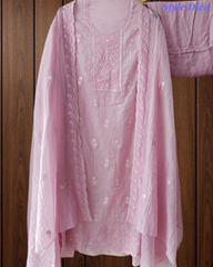 Mul Cotton Lucknowi Embroidered Unstitched Suit with Scalloped Dupatta | Festive Wear