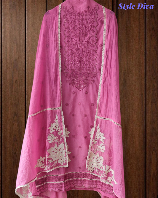 Mul Cotton Dual Embroidered Unstitched Suit with Crochet Lace Dupatta | Festive & Party Wear