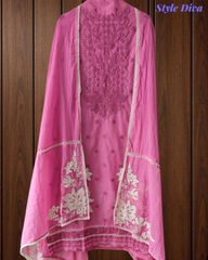 Mul Cotton Block Print Pita Embroidered Unstitched Suit with Scalloped Dupatta(3 Pc Set)