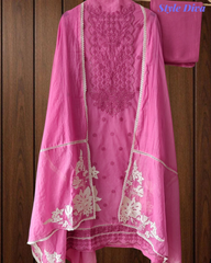 Mul Cotton Block Print Pita Embroidered Unstitched Suit with Scalloped Dupatta(3 Pc Set)