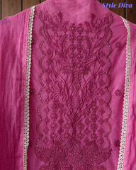 Mul Cotton Block Print Pita Embroidered Unstitched Suit with Scalloped Dupatta(3 Pc Set)