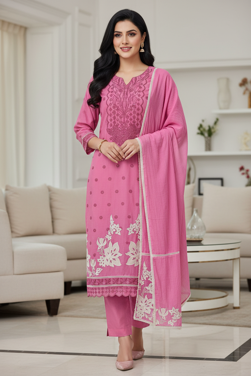 Mul Cotton Block Print Pita Embroidered Unstitched Suit with Scalloped Dupatta(3 Pc Set)