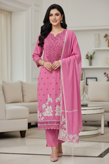 Mul Cotton Block Print Pita Embroidered Unstitched Suit with Scalloped Dupatta(3 Pc Set)