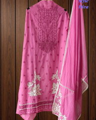 Mul Cotton Block Print Pita Embroidered Unstitched Suit with Scalloped Dupatta(3 Pc Set)