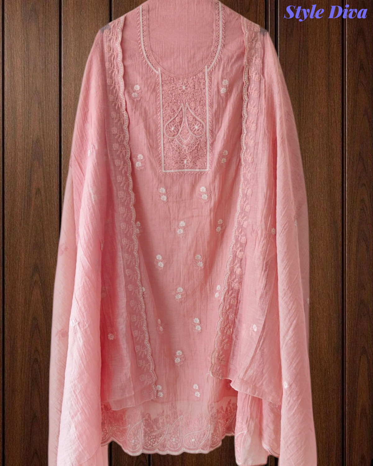 Mul Cotton Lucknowi Embroidered Unstitched Suit with Scalloped Dupatta | Festive Wear