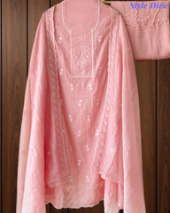 Mul Cotton Lucknowi Embroidered Unstitched Suit with Scalloped Dupatta | Festive Wear