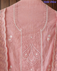 Mul Cotton Lucknowi Embroidered Unstitched Suit with Scalloped Dupatta | Festive Wear