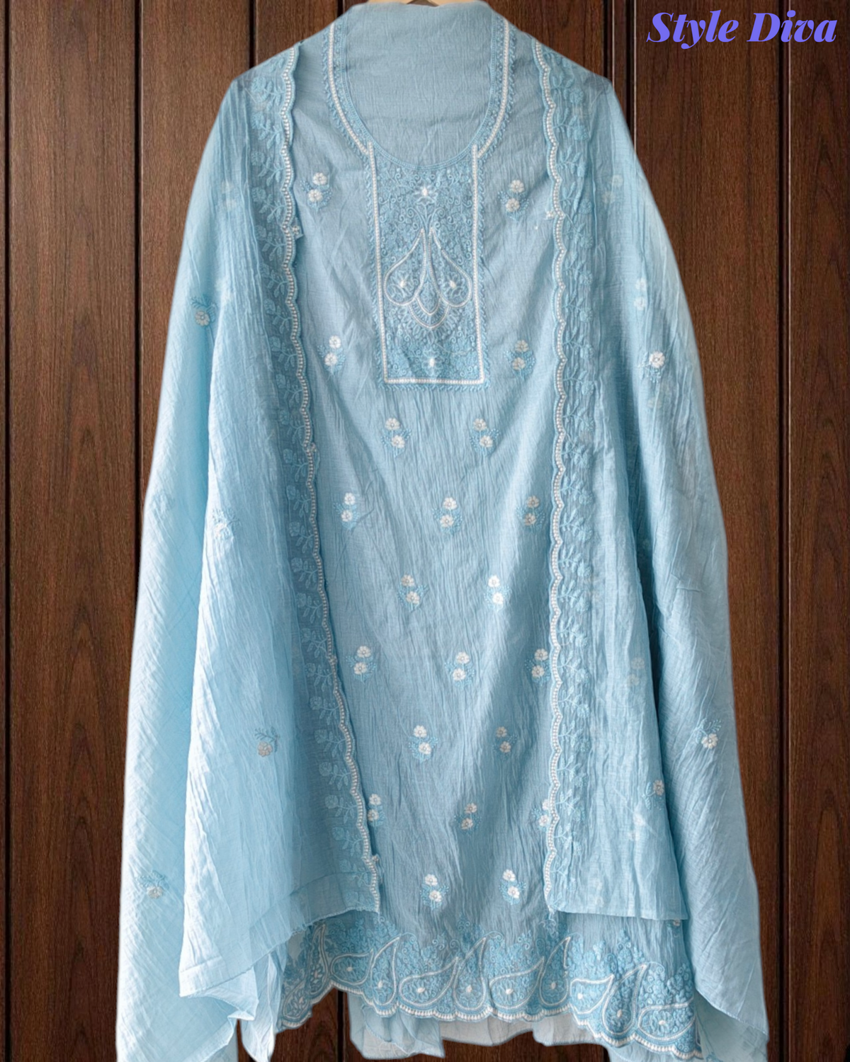 Mul Cotton Lucknowi Embroidered Unstitched Suit with Scalloped Dupatta | Festive Wear
