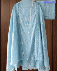 Mul Cotton Lucknowi Embroidered Unstitched Suit with Scalloped Dupatta | Festive Wear