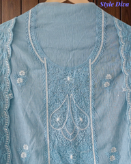 Mul Cotton Lucknowi Embroidered Unstitched Suit with Scalloped Dupatta | Festive Wear