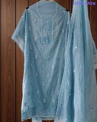 Mul Cotton Lucknowi Embroidered Unstitched Suit with Scalloped Dupatta | Festive Wear