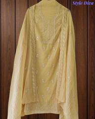 Mul Cotton Lucknowi Embroidered Unstitched Suit with Scalloped Dupatta | Festive Wear