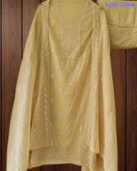 Mul Cotton Lucknowi Embroidered Unstitched Suit with Scalloped Dupatta | Festive Wear
