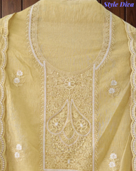 Mul Cotton Lucknowi Embroidered Unstitched Suit with Scalloped Dupatta | Festive Wear
