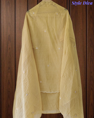 Mul Cotton Lucknowi Embroidered Unstitched Suit with Scalloped Dupatta | Festive Wear